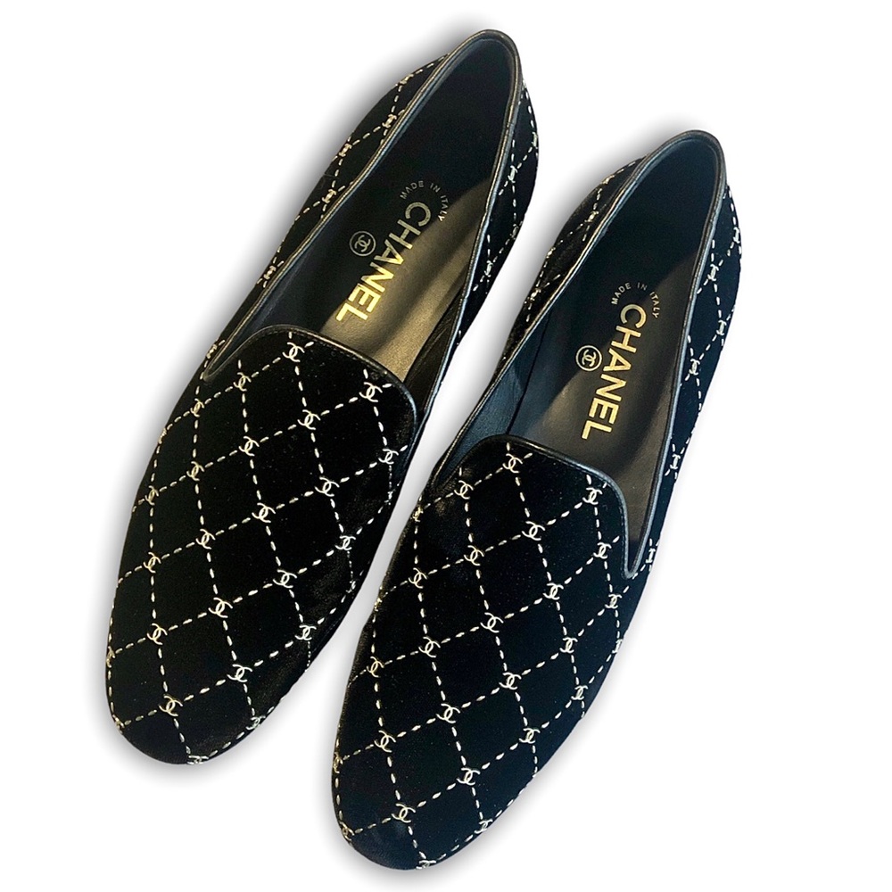 CHANEL Black Velvet Diamond Loafer / Moccasin NWOT